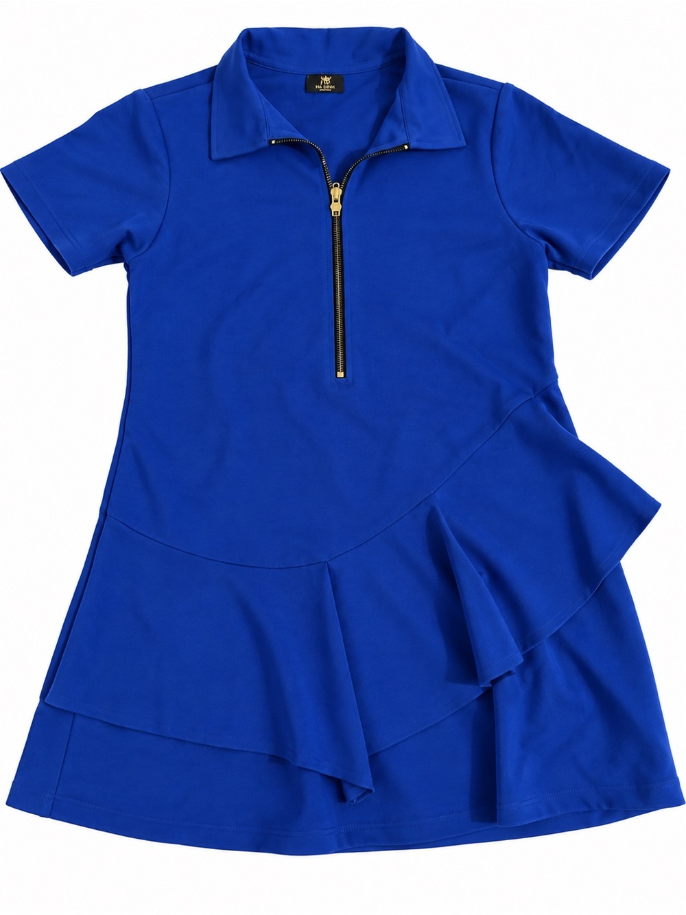 One A Royal Blue Zip-Front Ruffle Casual Dress